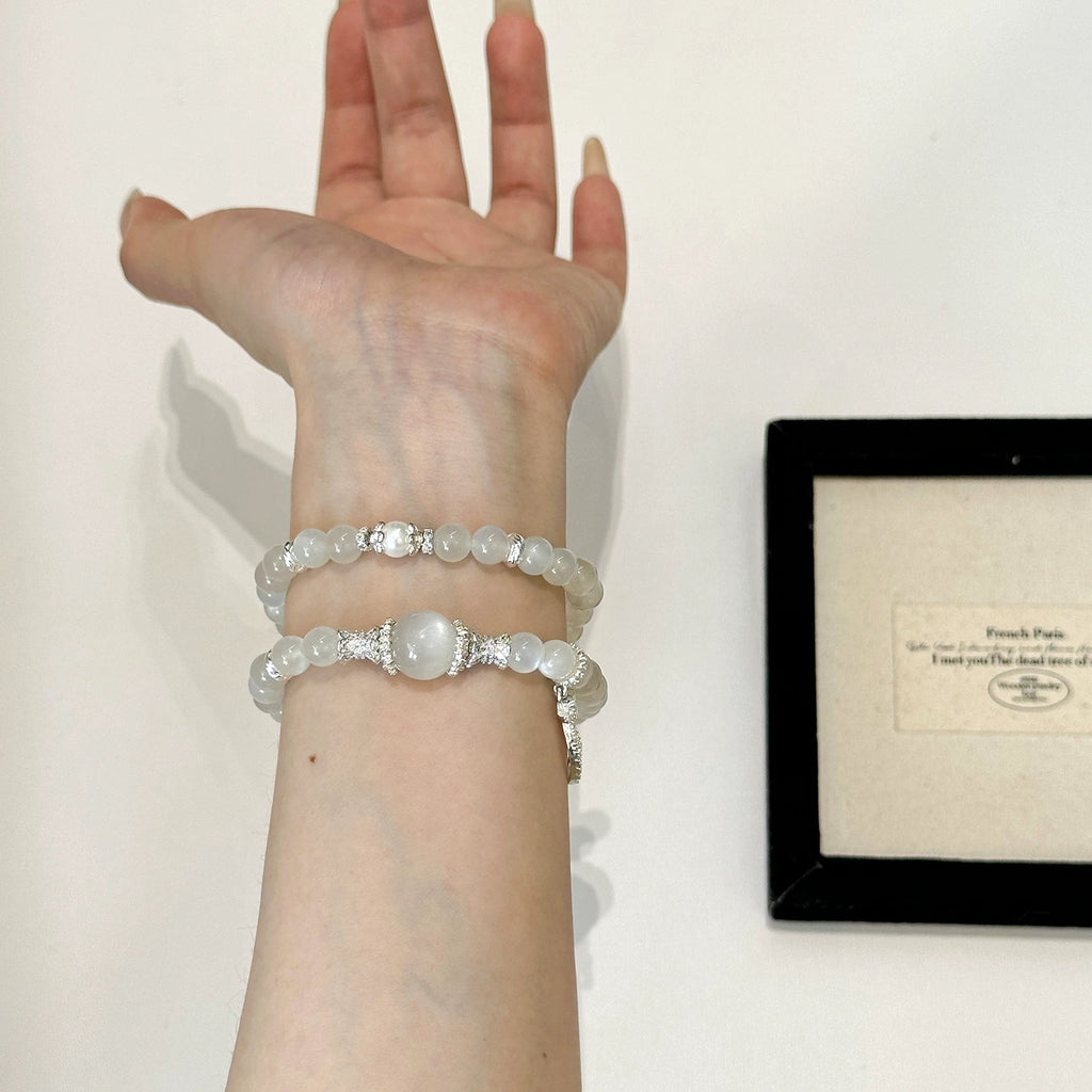 Double Layer Natural White Moonstone Bracelet Cool Touch Cat Eye Healing Crystal Bracelet Women Love Luck Silver Bow Jewelry