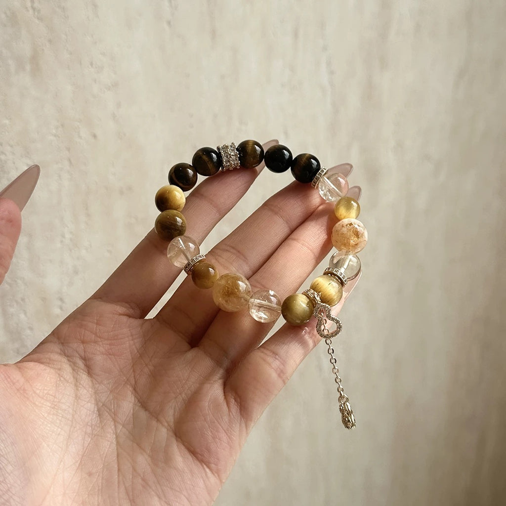Natural Yellow Tiger Eye Citrine Rutilated Quartz Bracelet Attract Wealth Boost Career Ward Off Negative Energy Crystal Charm