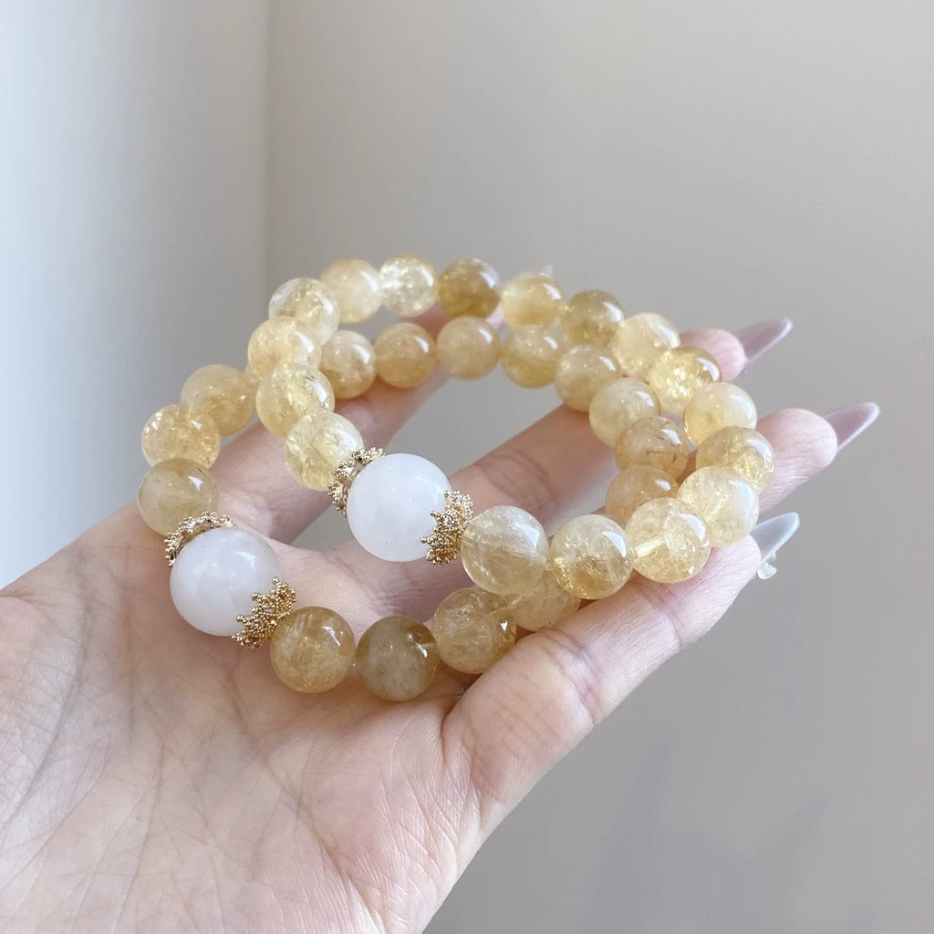 Natural Yellow Azeztulite Blue Moonstone Bracelet Attract Abundance Calm Anxiety Boost Intuition Crystal Charm