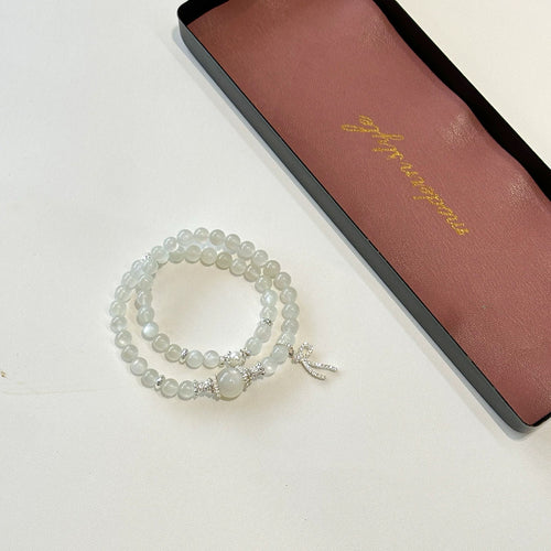 Double Layer Natural White Moonstone Bracelet Cool Touch Cat Eye Healing Crystal Bracelet Women Love Luck Silver Bow Jewelry