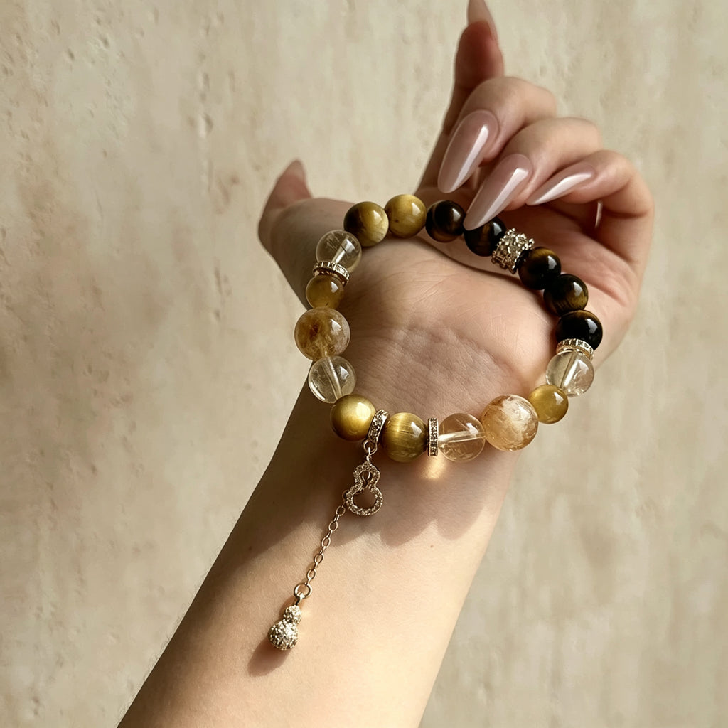 Natural Yellow Tiger Eye Citrine Rutilated Quartz Bracelet Attract Wealth Boost Career Ward Off Negative Energy Crystal Charm