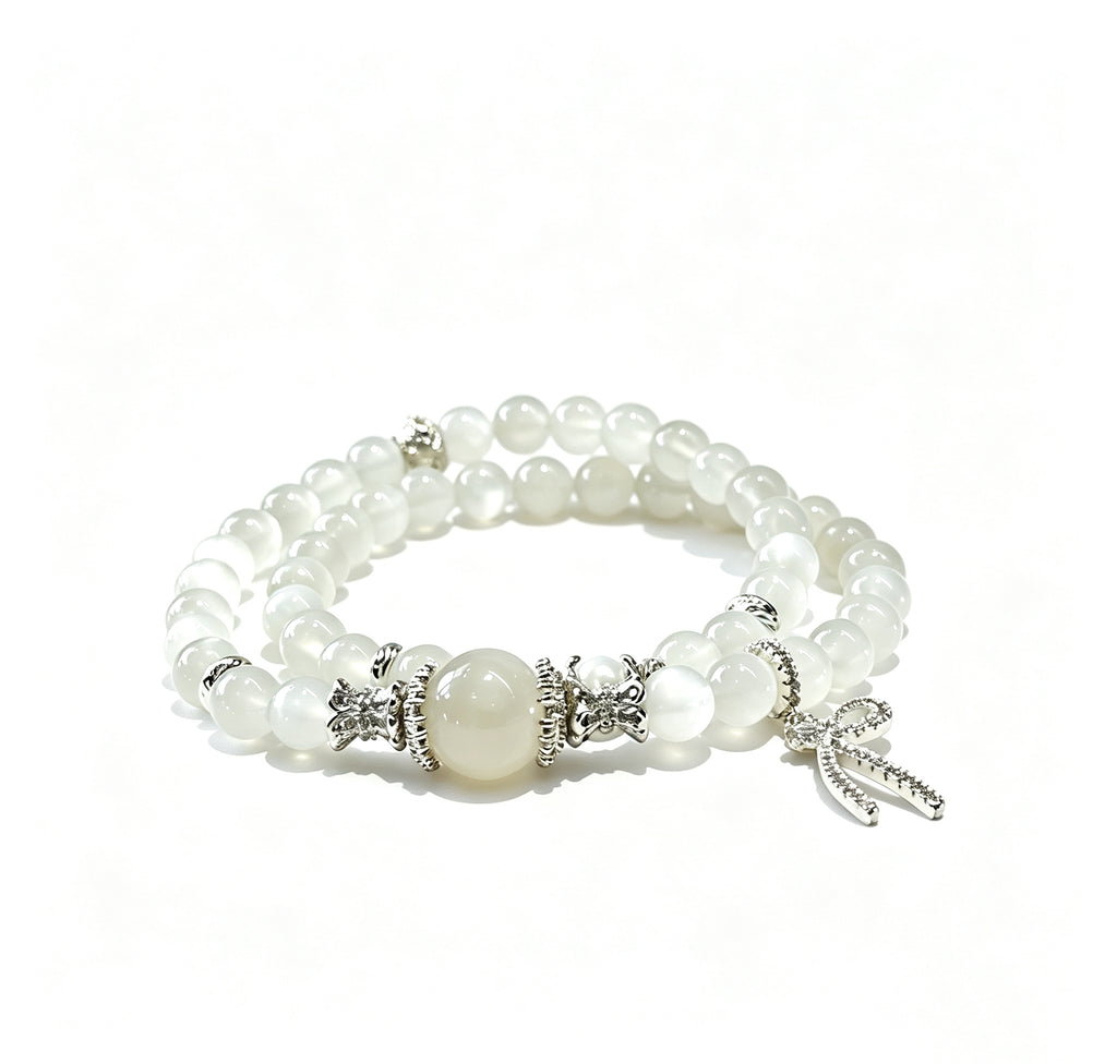 Double Layer Natural White Moonstone Bracelet Cool Touch Cat Eye Healing Crystal Bracelet Women Love Luck Silver Bow Jewelry