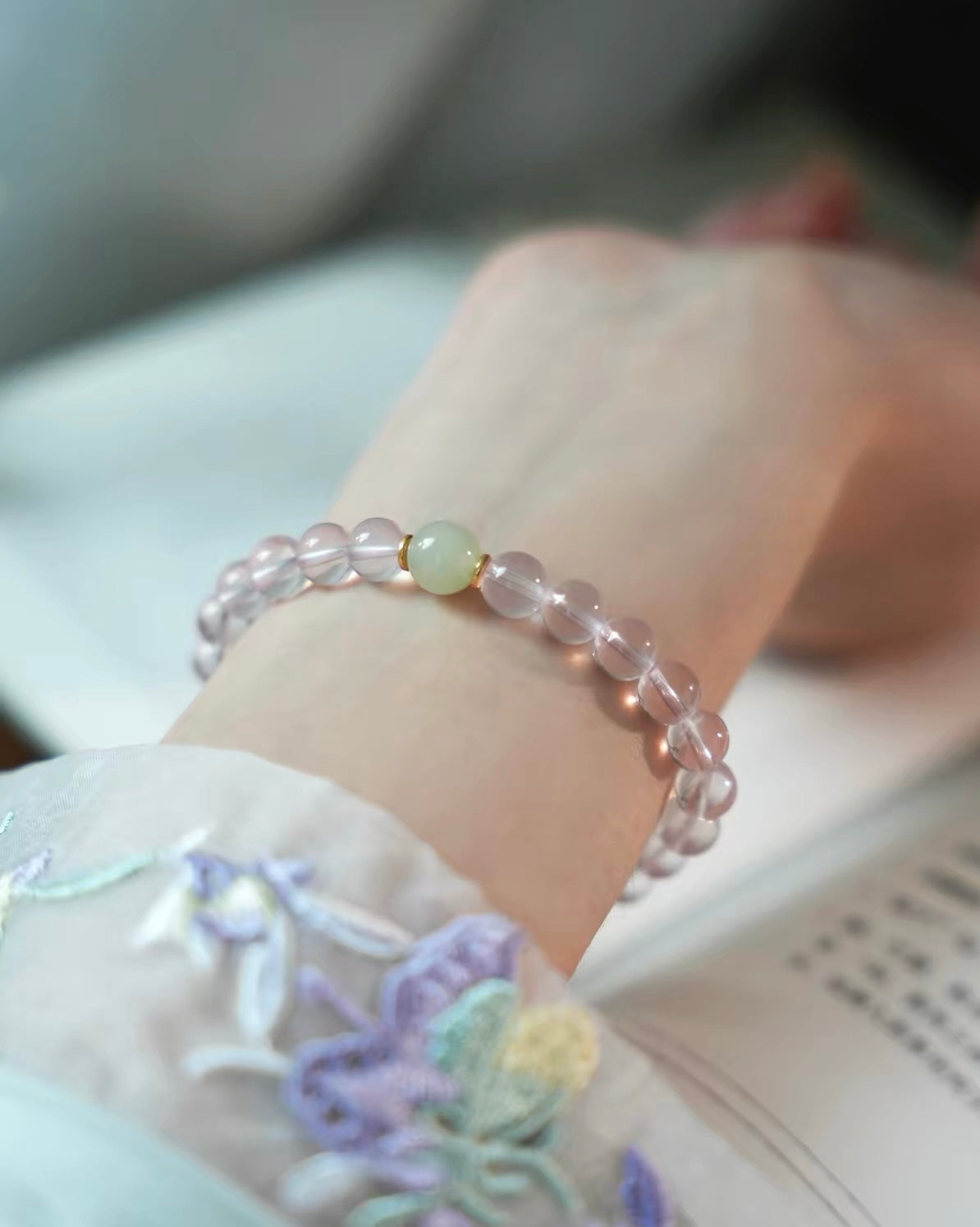 Mozambique Rose Quartz & Hetian Jade Bracelet