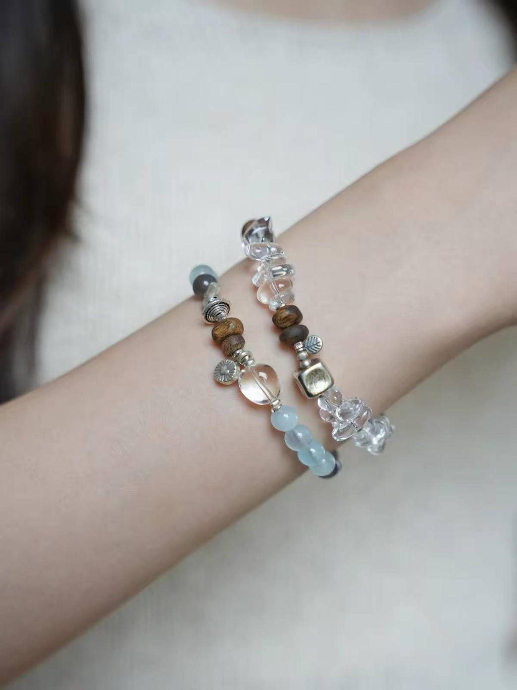 Aquamarine & Clear Quartz Bracelet with Agarwood