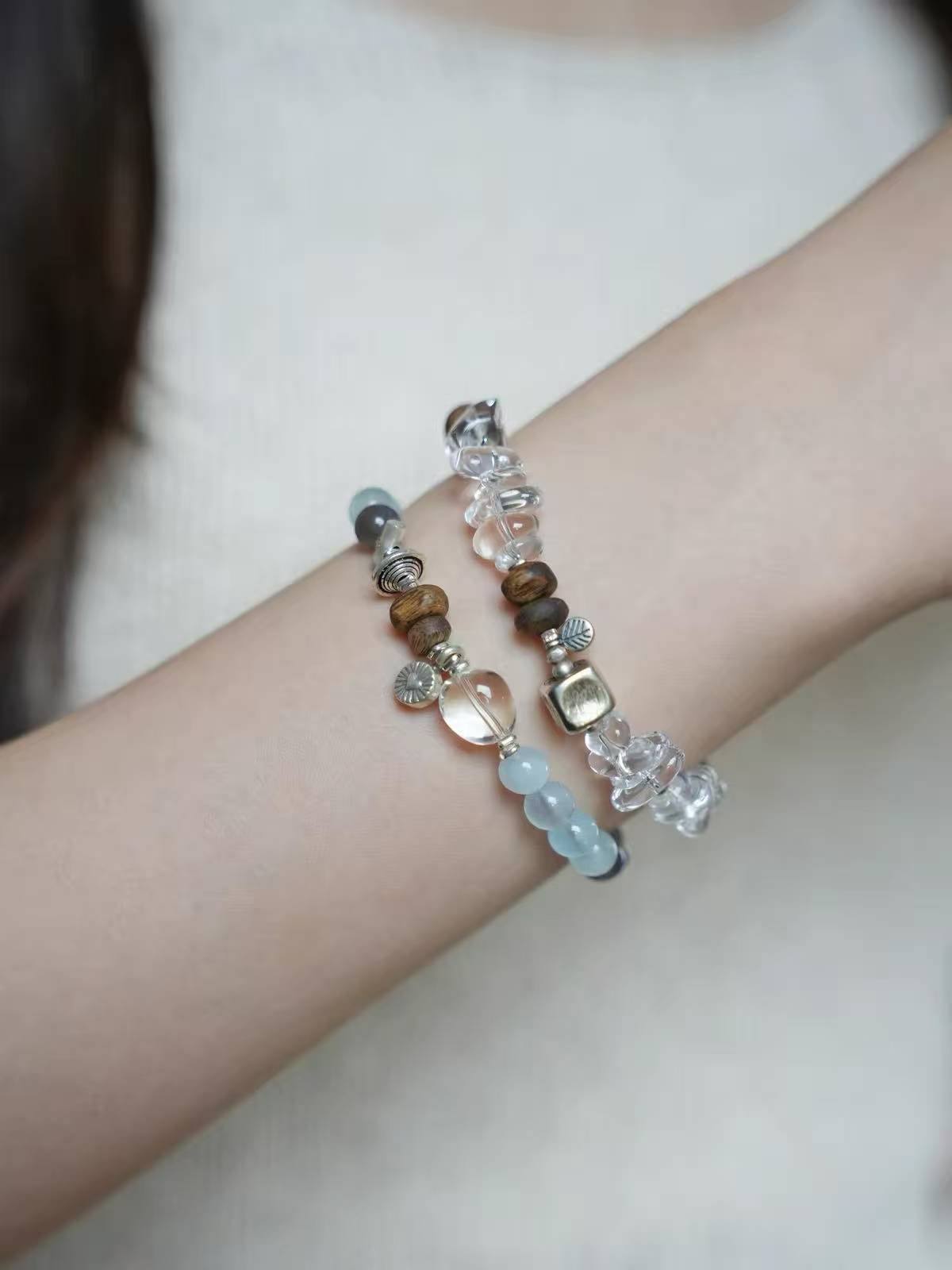 Aquamarine & Clear Quartz Bracelet with Agarwood