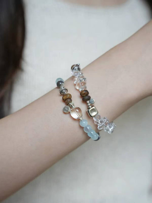 Aquamarine & Clear Quartz Bracelet with Agarwood
