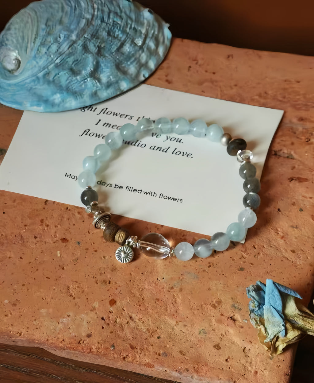Aquamarine & Clear Quartz Bracelet with Agarwood