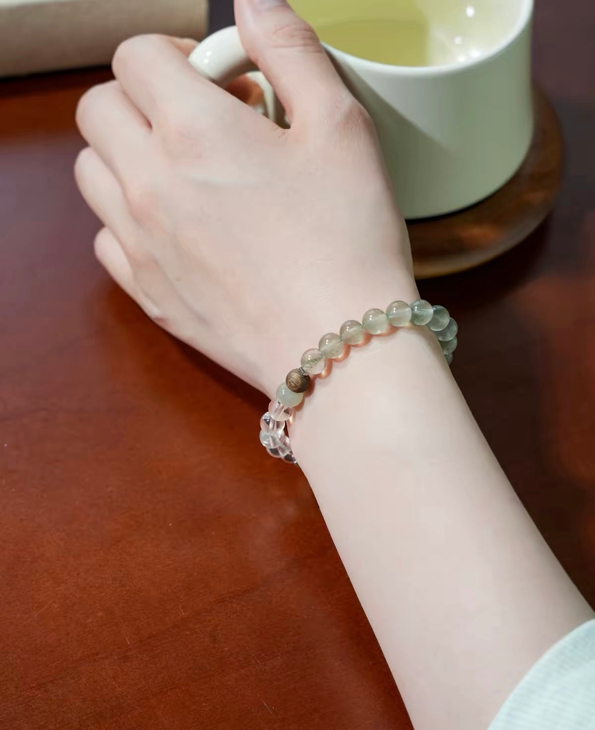 Green Rutilated Quartz & Clear Quartz Bracelet with Agarwood