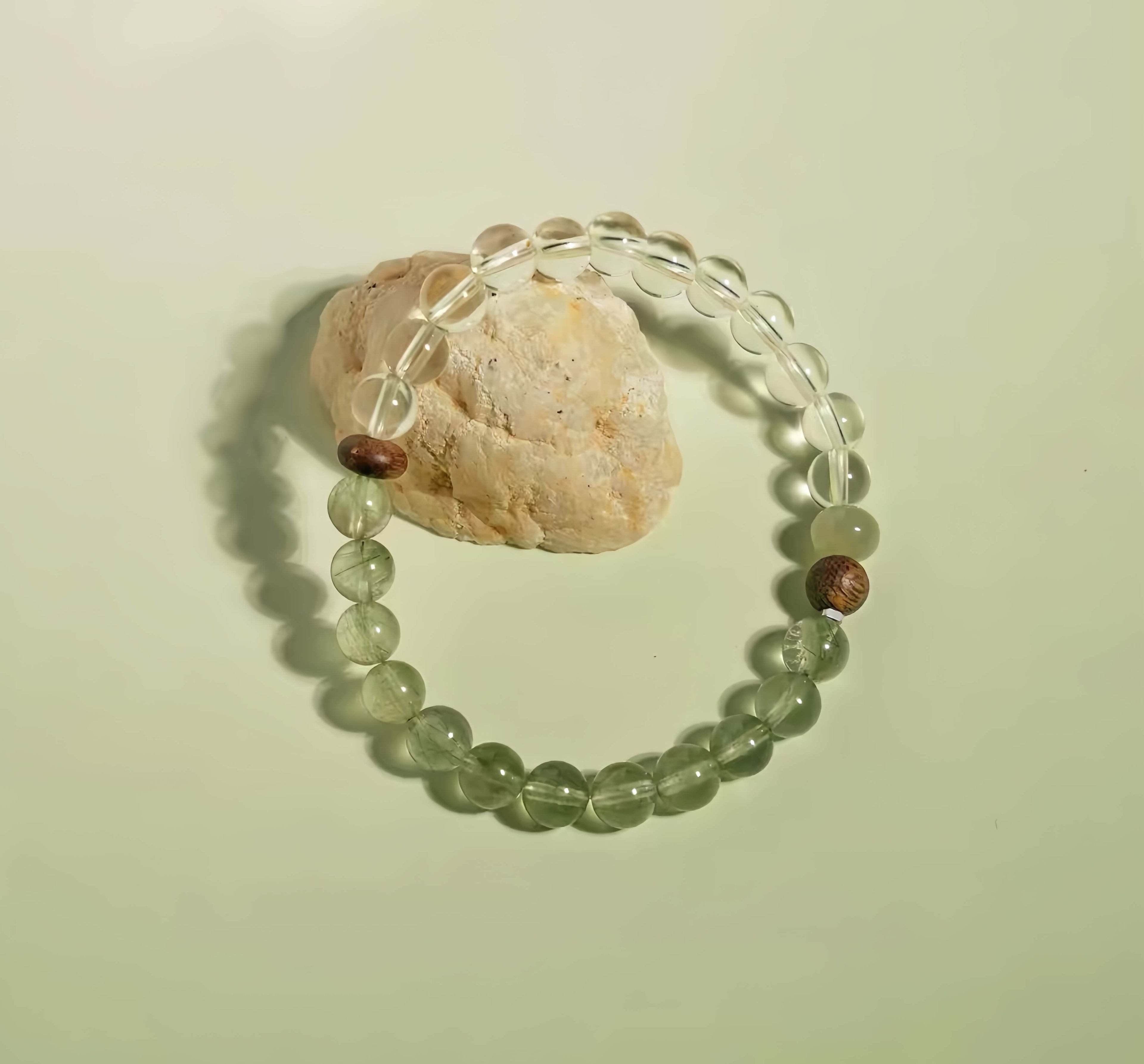 Green Rutilated Quartz & Clear Quartz Bracelet with Agarwood