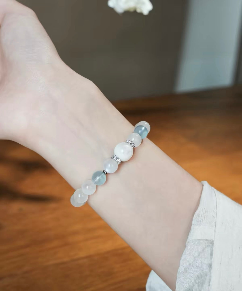 Blue Moonstone & Aquamarine Bracelet with Snowflake Phantom Quartz