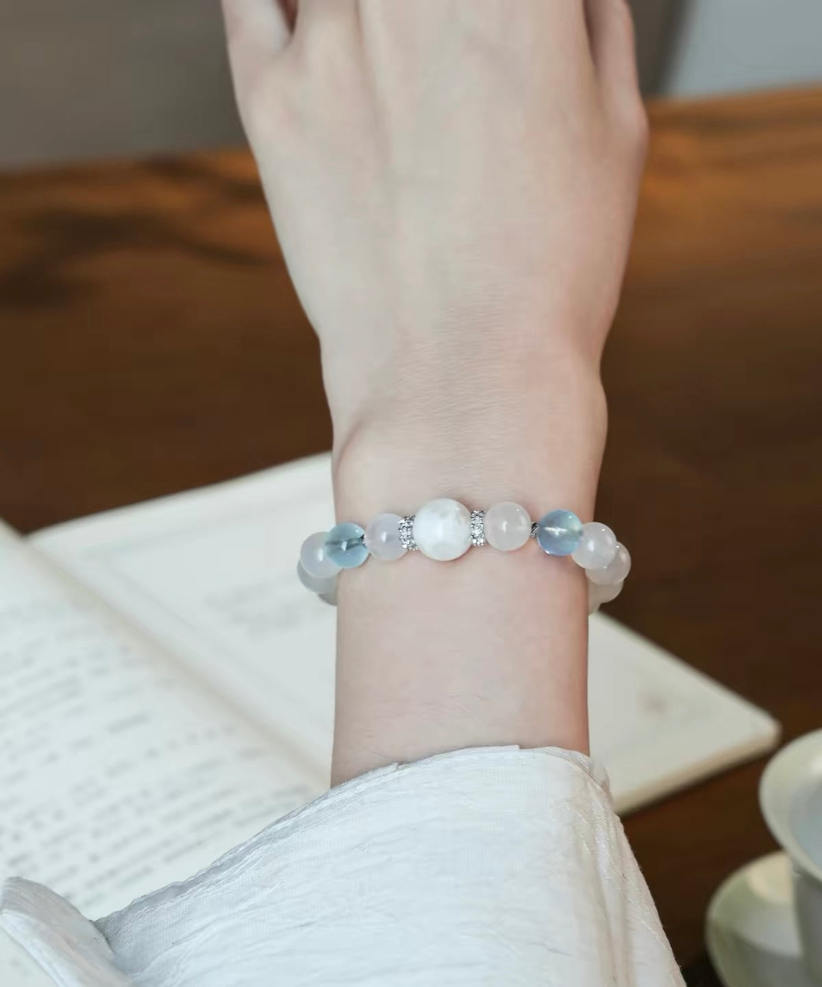 Blue Moonstone & Aquamarine Bracelet with Snowflake Phantom Quartz