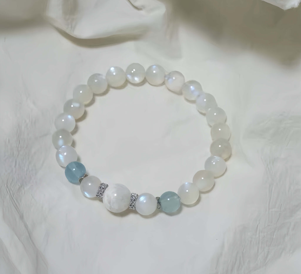 Blue Moonstone & Aquamarine Bracelet with Snowflake Phantom Quartz