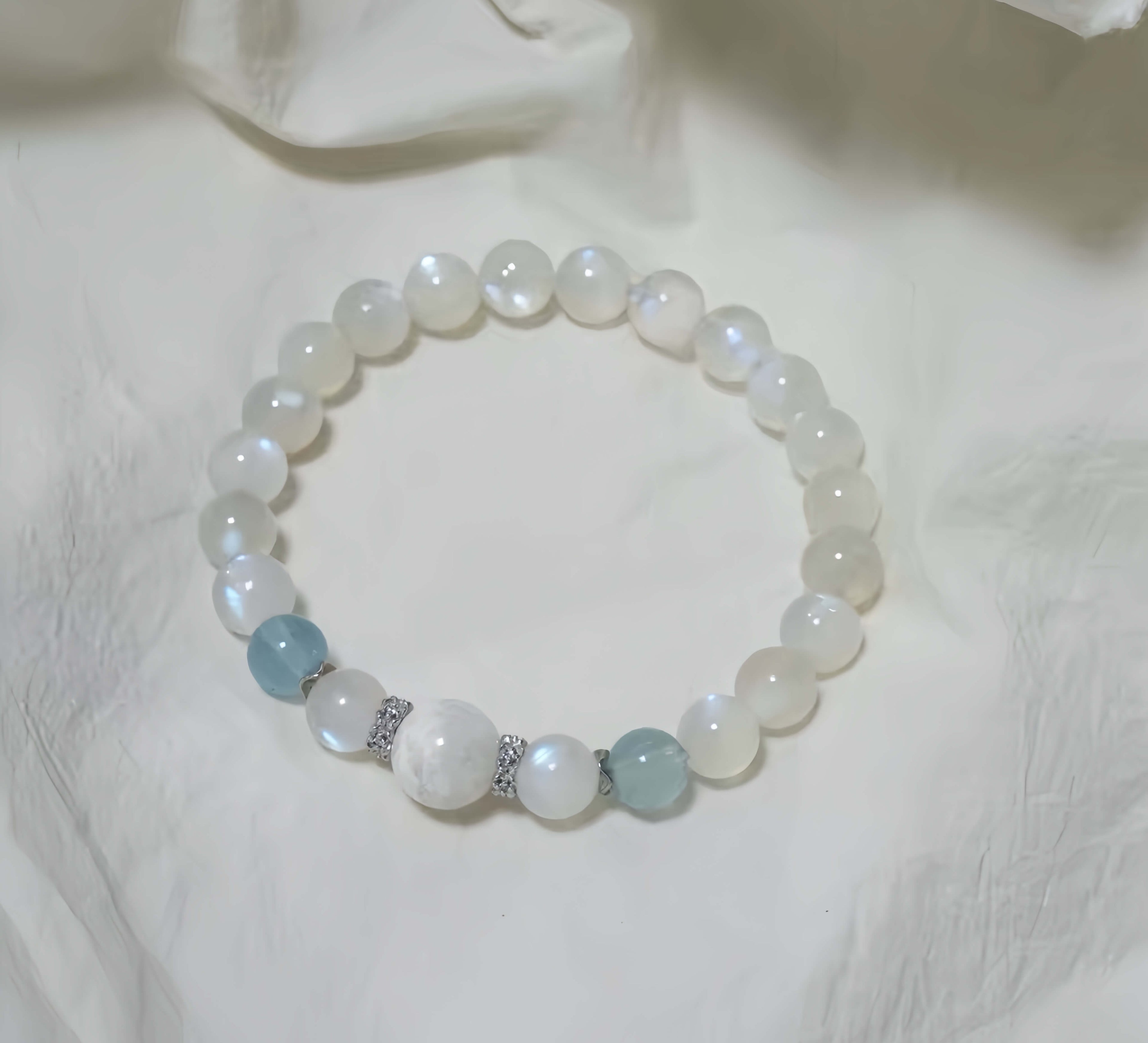 Blue Moonstone & Aquamarine Bracelet with Snowflake Phantom Quartz