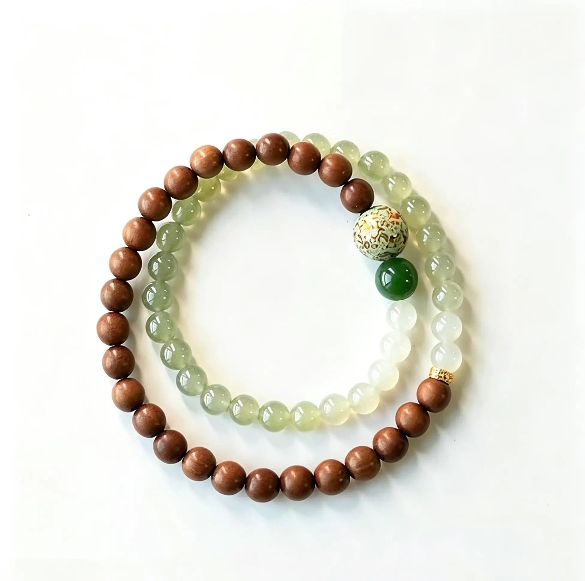 Dual-Loop Hetian Jade & Sandalwood Bracelet with Green Jasper