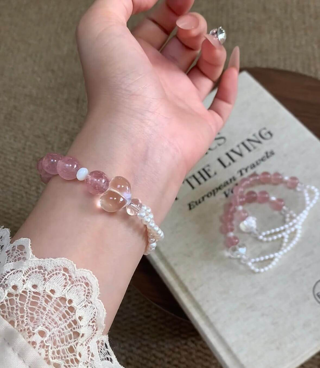 Strawberry Quartz & Freshwater Pearl Bracelet with Clear Quartz