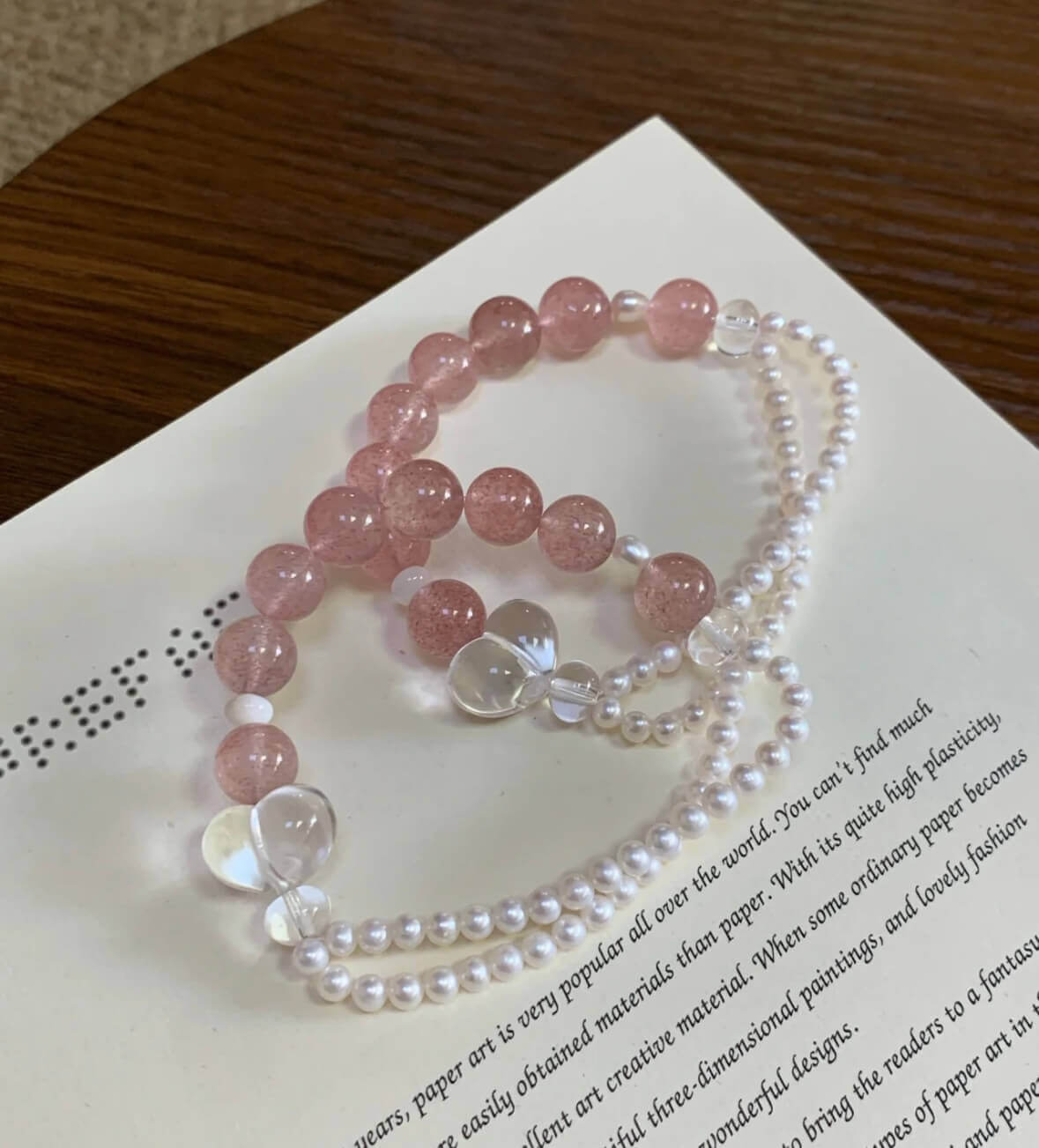 Strawberry Quartz & Freshwater Pearl Bracelet with Clear Quartz