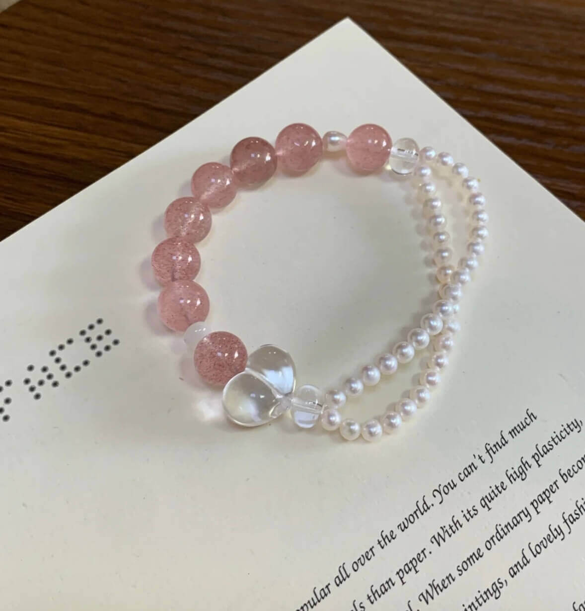 Strawberry Quartz & Freshwater Pearl Bracelet with Clear Quartz