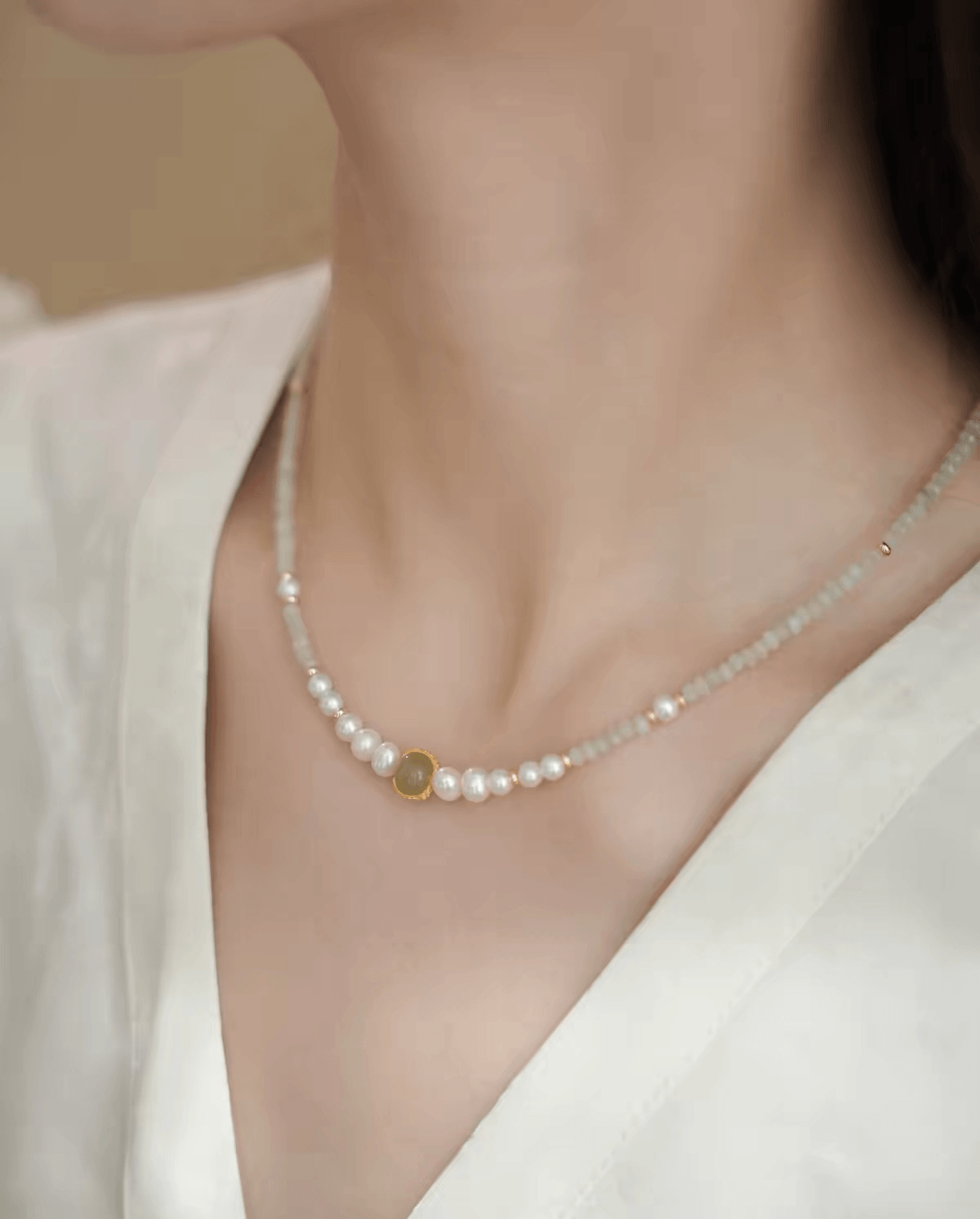 Freshwater Pearl & Hetian Jade Necklace with Chalcedony